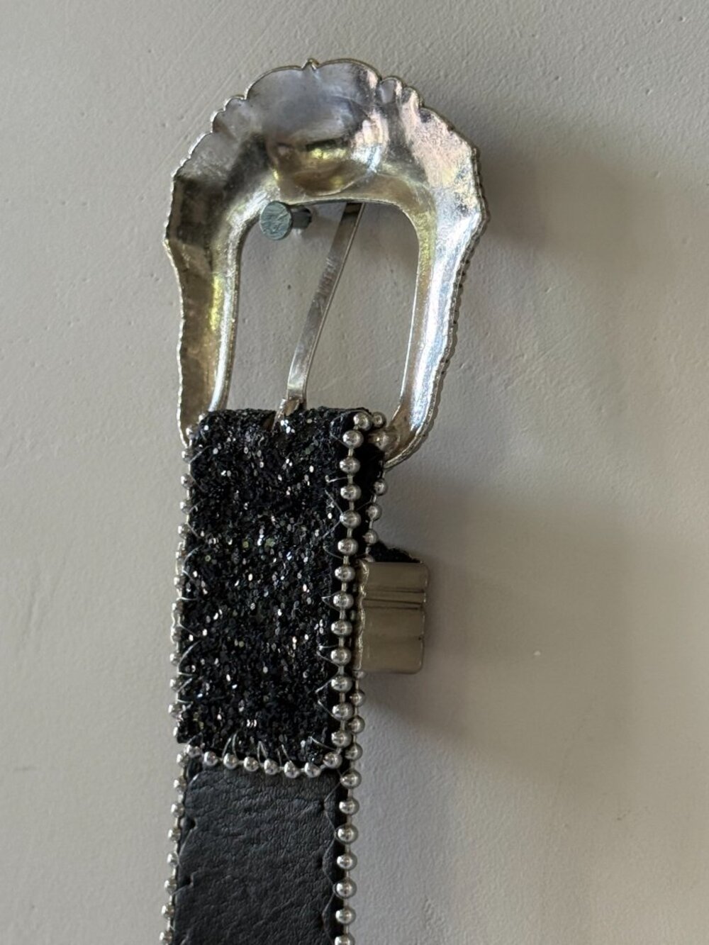 Black Glitter Western Belt Silver Floral Buckle Star Studs Y2K - Picture 5 of 7